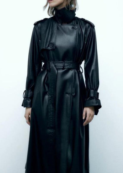 Long Leather Wind Coat With Belted Waist
