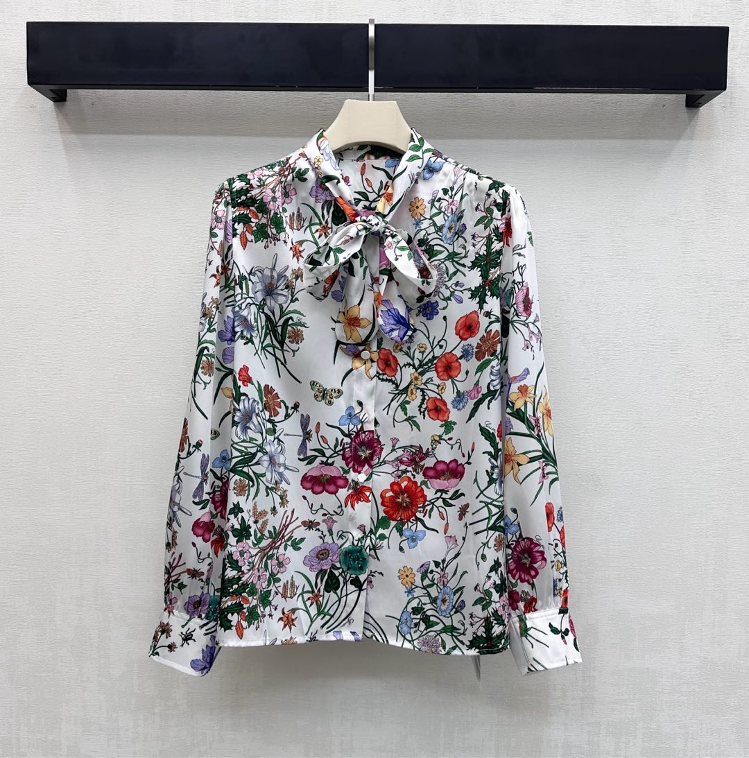 GG SS26 Flora Printed Collared Shirt White Multicolor Silk 351788