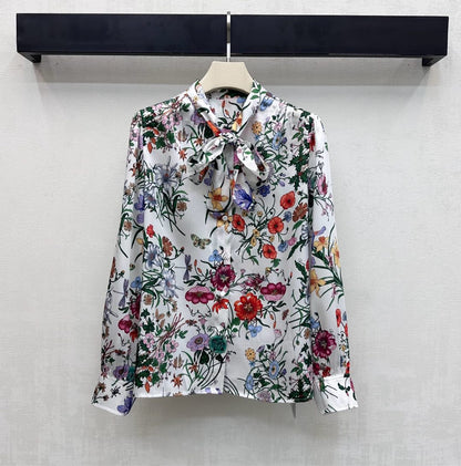 GG SS26 Flora Printed Collared Shirt White Multicolor Silk 351788