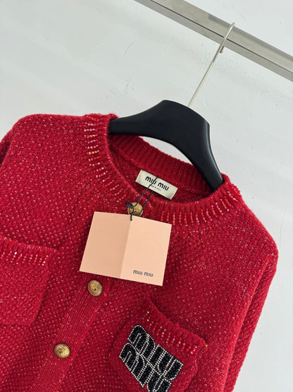 Miumiu 2025 Round Neck Cardigan Red Wool 656467