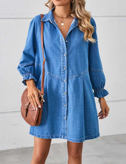 Denim Splice Washed Long Sleeve Midi Dress