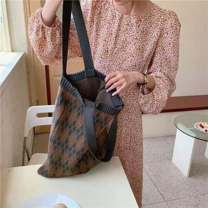 Crochet Tote Bag Vintage Diamond Woven Wool Bag