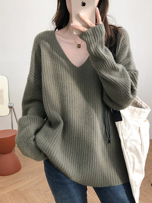 Simple Long Sleeves Loose Solid Color V-Neck Sweater Tops