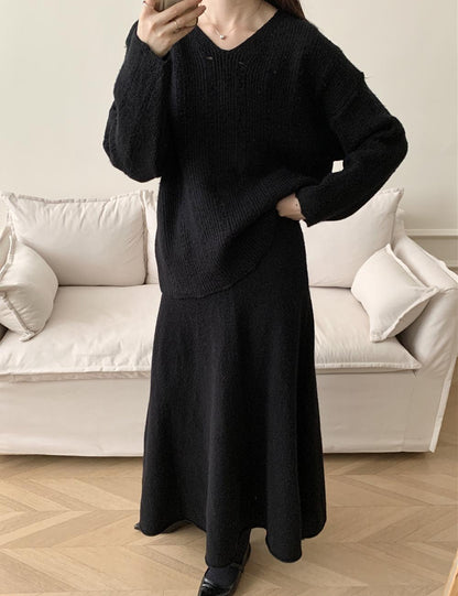 Solid Color Loose Knit Sweater Maxi Skirt Set