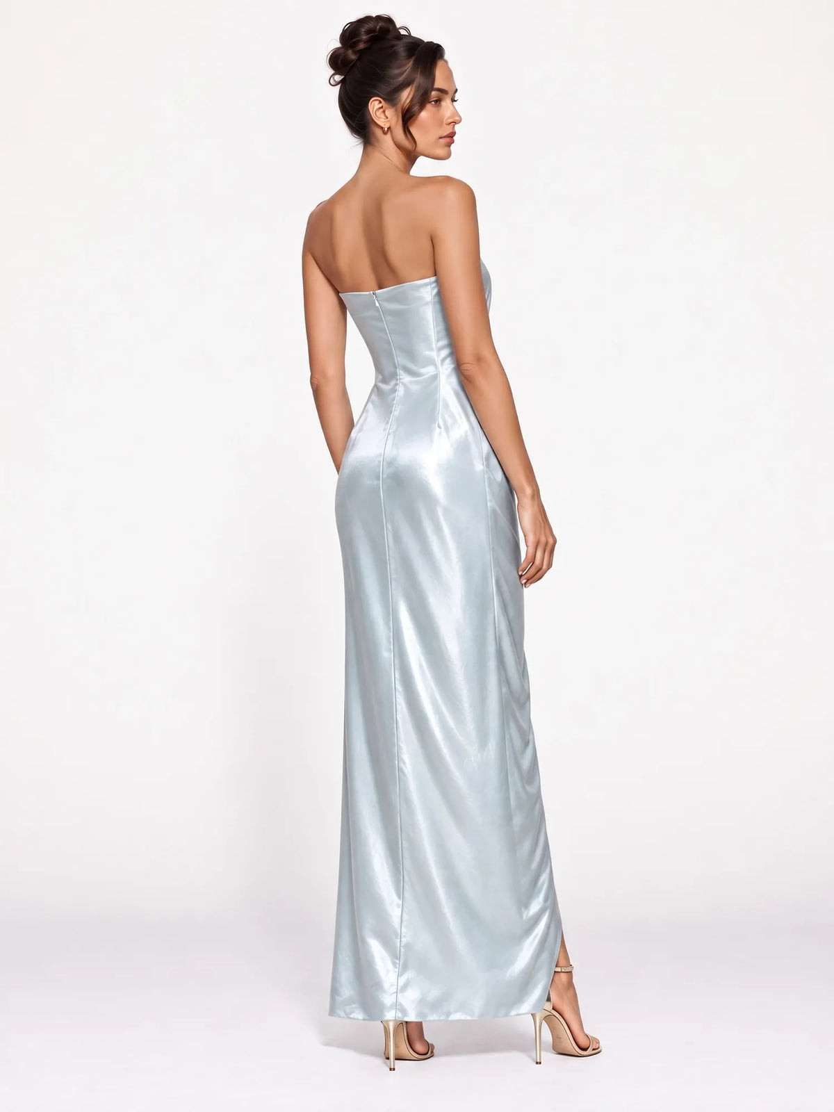 Olive Satin Pleated Strapless Maxi Dress