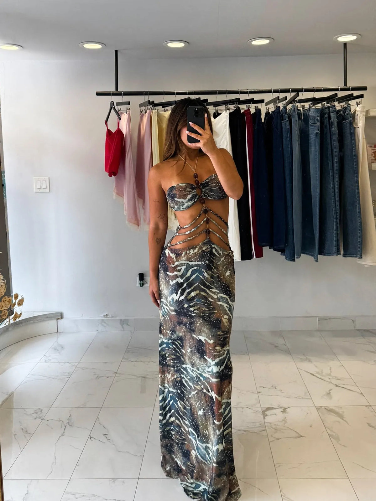 Mila Abstract Print Strapless Maxi Dress