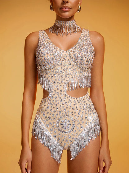 Anastasia Crystal Fringe Cutout Bodysuit In Silver