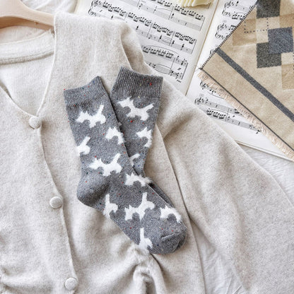 Rufia - Gray and White Dog Pattern Thick Warm Socks