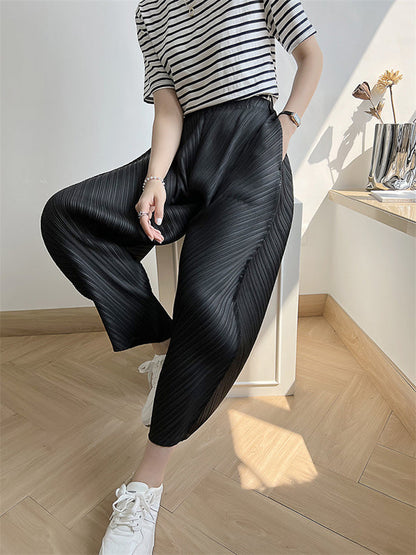 Harem Pants High Waisted Elasticity Pleated Solid Color Split-Joint Ninth Pants Pants Trousers