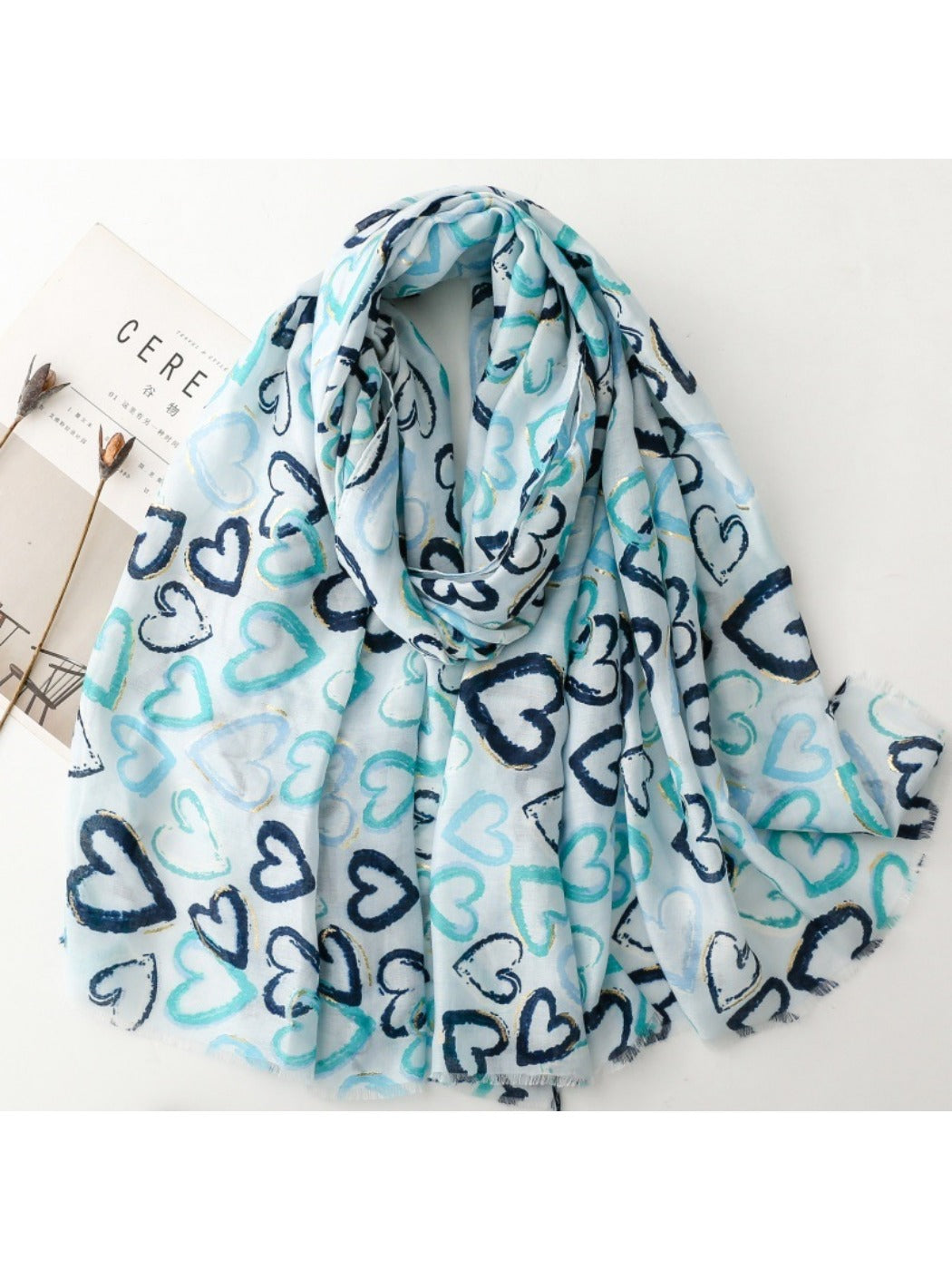 Scarvii - Elegant Heart Print Long Scarf - Thin &amp; Playful