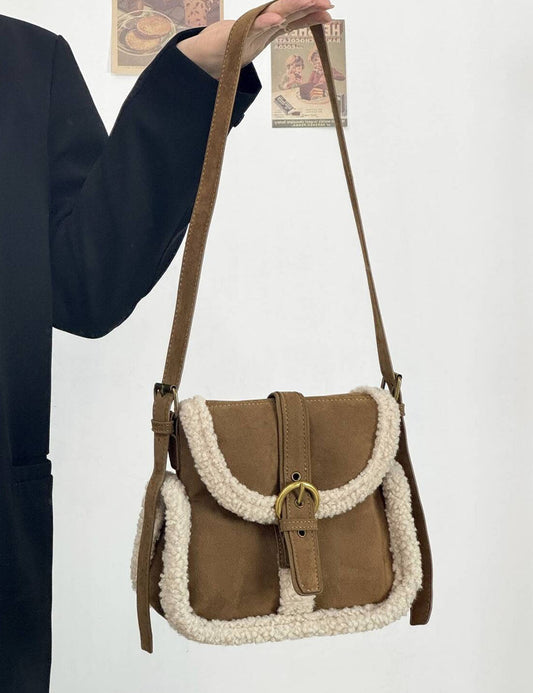 Vintage Suede Lamb Wool Crossbody Shoulder Bag