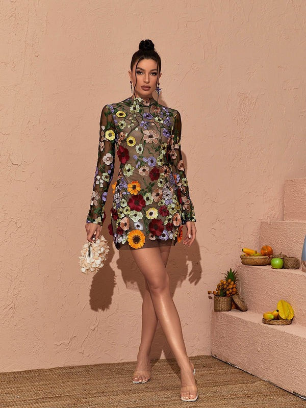 Saige Long Sleeve Mesh Flower Mini Dress