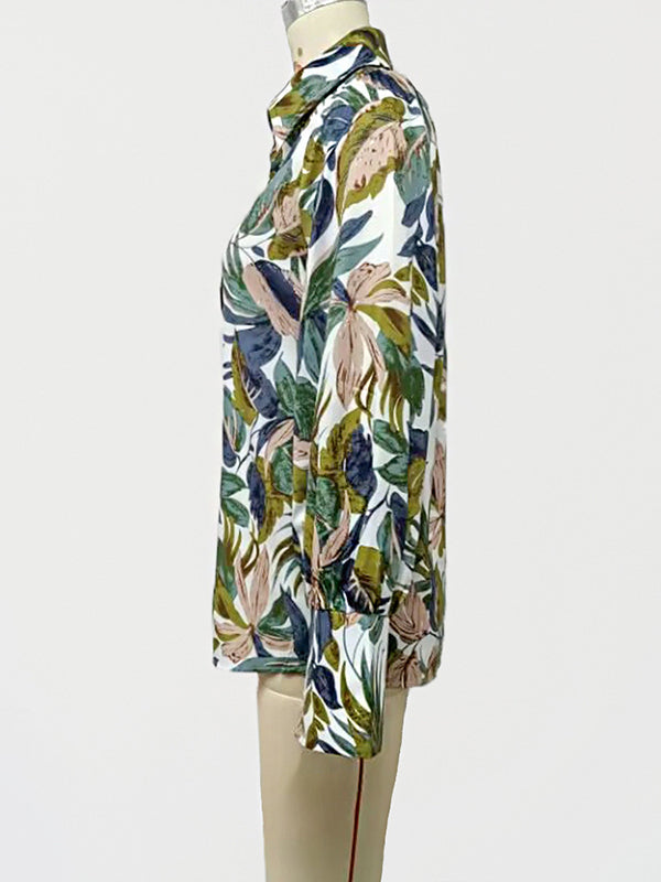 Loose Wrap Contrast Color Leaves Print Blouses&Shirts Tops
