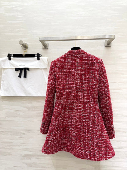 CC Woven Tweed Long-Sleeved Dress Red Pink Tweed 343197