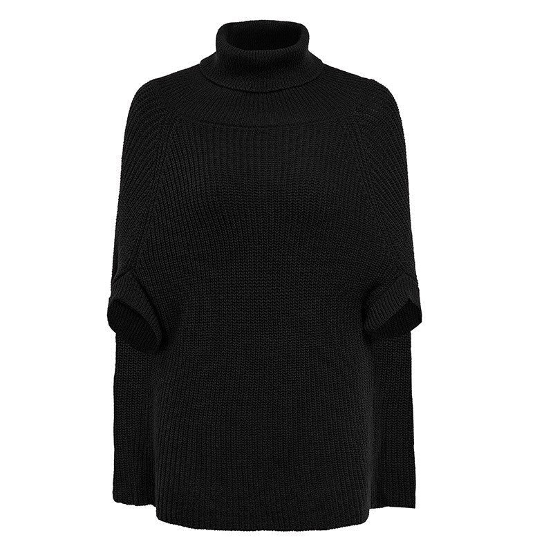 Solid Color Loose Poncho High Neck Sweater