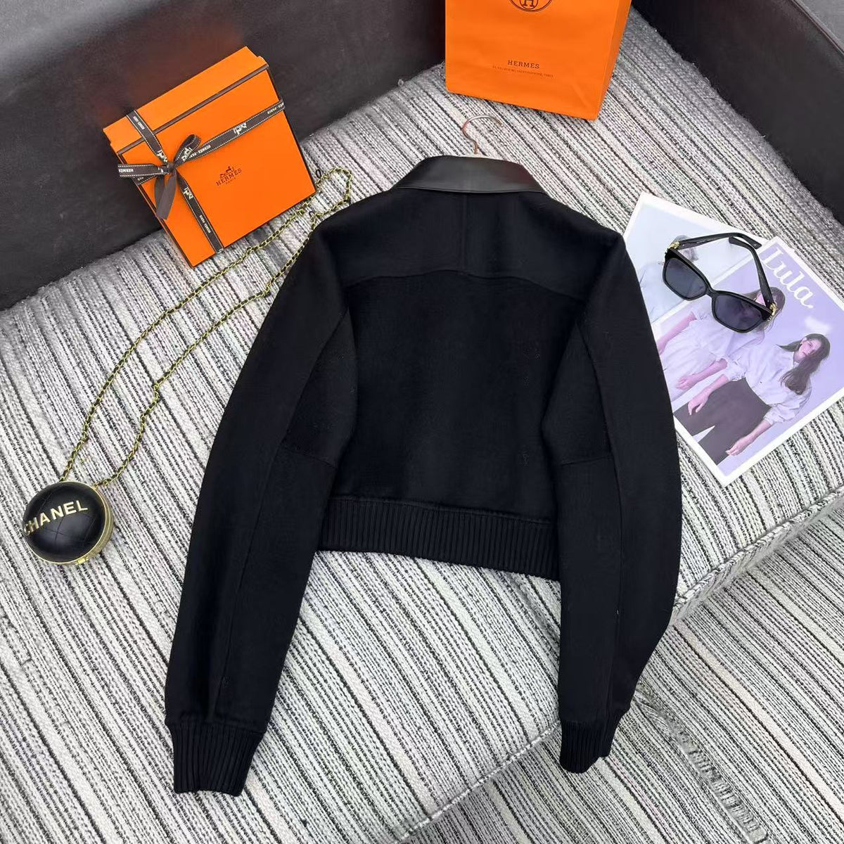 HM Patchwork Leather Lapel Double-faced Black Cashmere Jacket