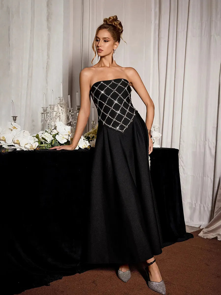 Elara Rhinestone Grid Formal Midi Dress