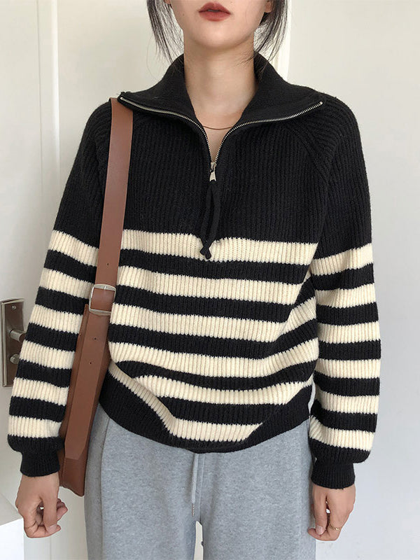 Urban Striped Zipper High-Neck Sweater Tops Pullovers
