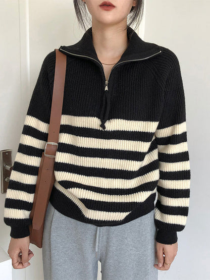 Urban Striped Zipper High-Neck Sweater Tops Pullovers