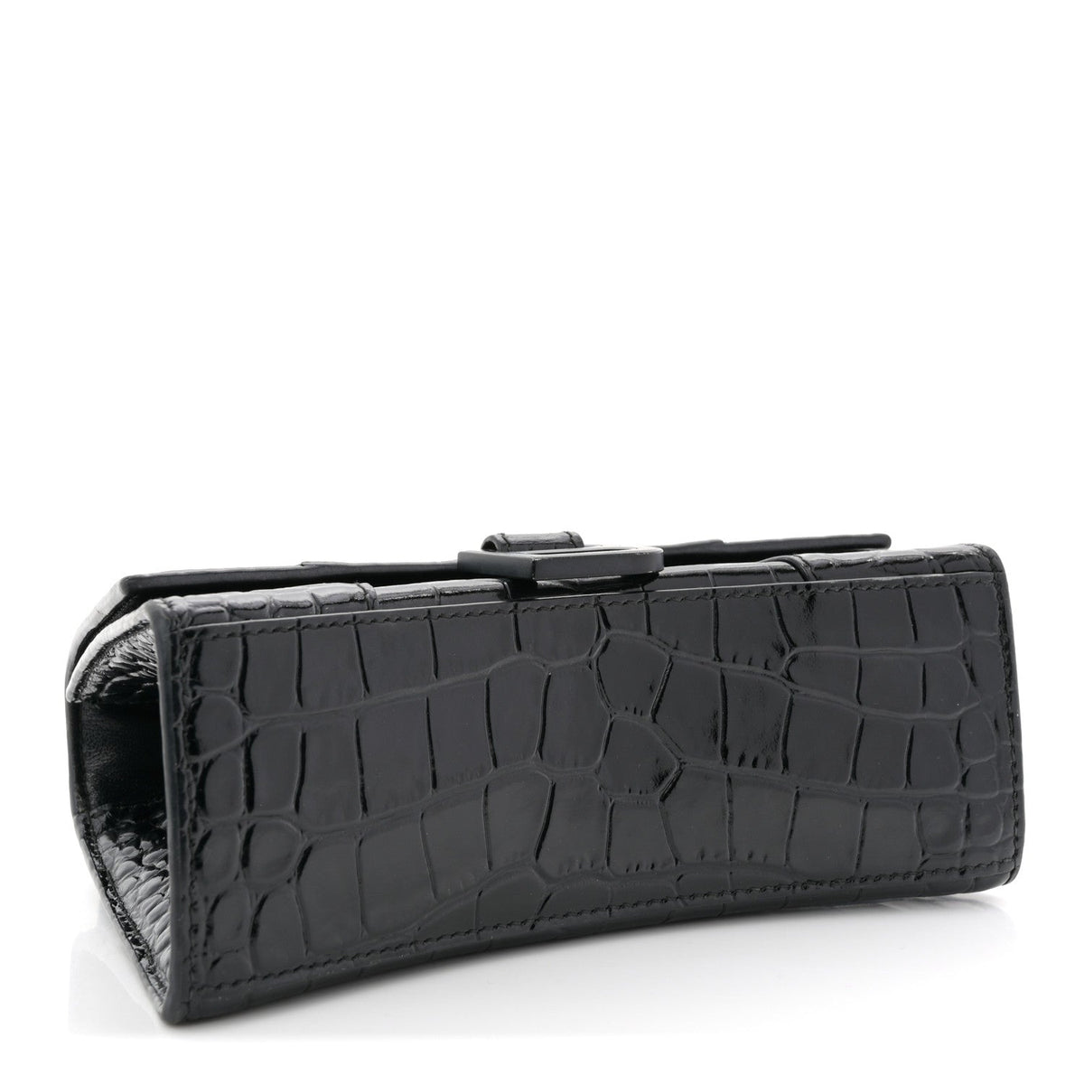 Shiny Calfskin Monochrome Crocodile Embossed Hourglass Top Handle Bag XS Black