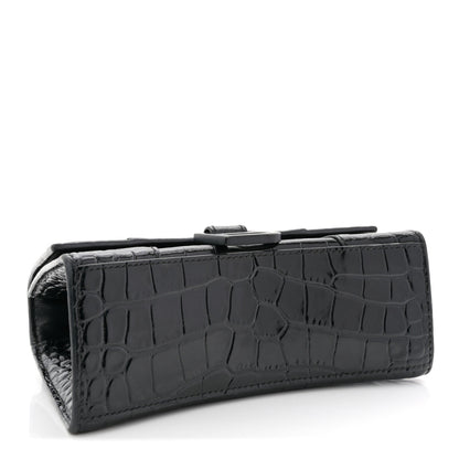Shiny Calfskin Monochrome Crocodile Embossed Hourglass Top Handle Bag XS Black