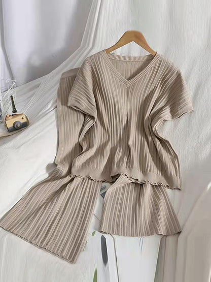 Loose Raglan Sleeve Solid Color V-Neck Sweater Top + Pants Two Pieces Set