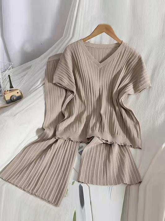 Loose Raglan Sleeve Solid Color V-Neck Sweater Top + Pants Two Pieces Set