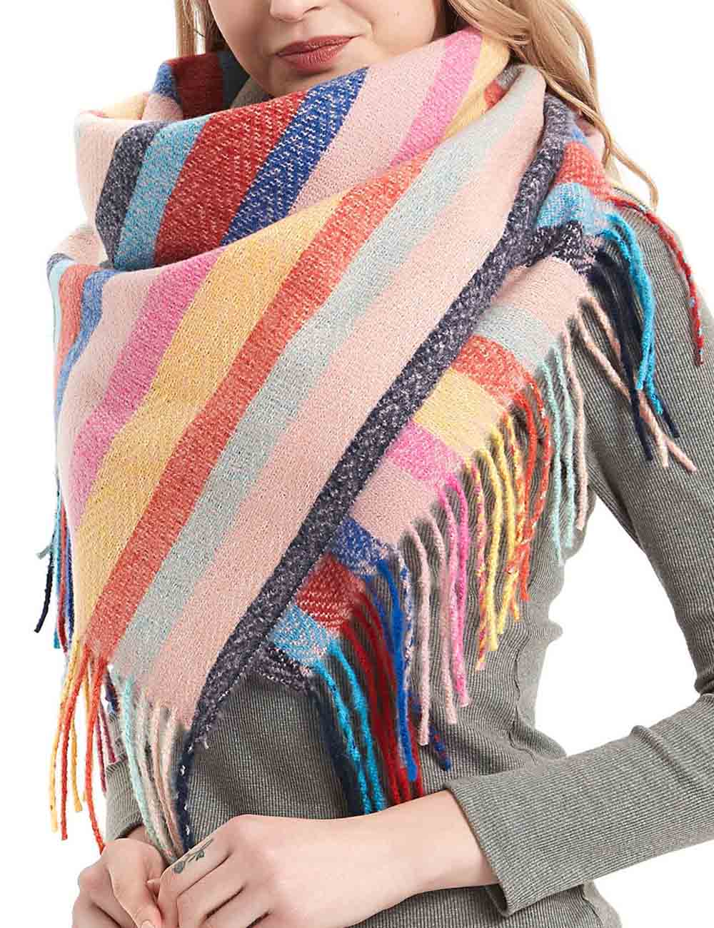 Winter Color Block Striped Tassel Square Scarf