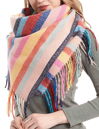 Winter Color Block Striped Tassel Square Scarf