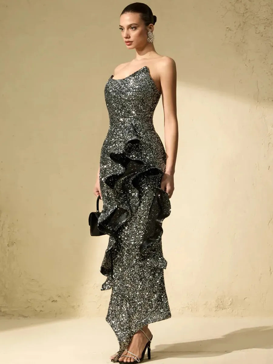 Celestine Sparkle Sequin Asymmetric Ruffle Maxi Dress