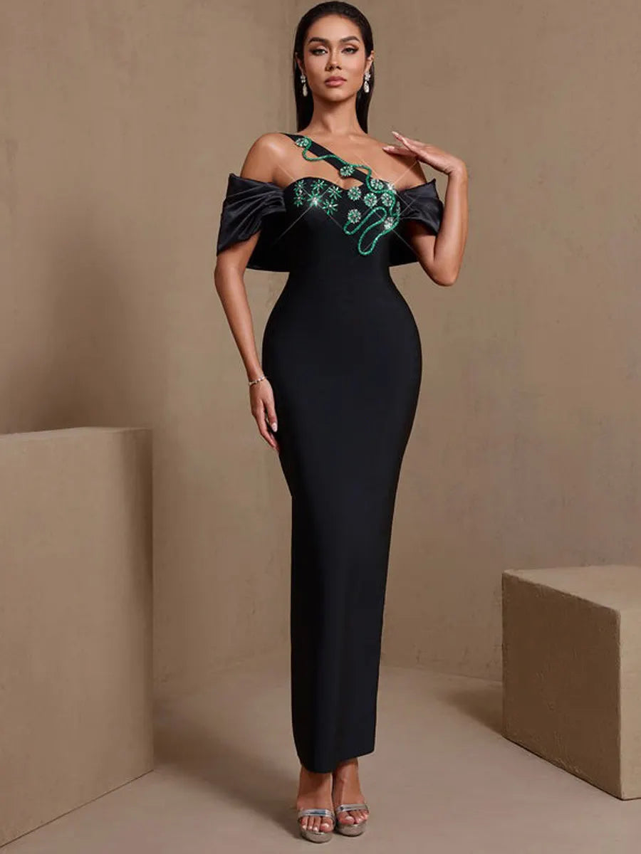 Ines Green Vine Crystal Floral Bandage Maxi Dress