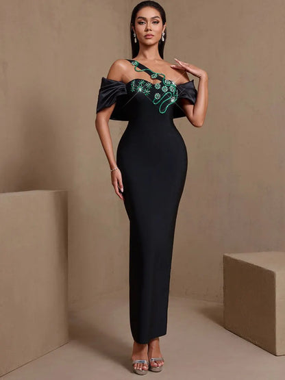 Ines Green Vine Crystal Floral Bandage Maxi Dress