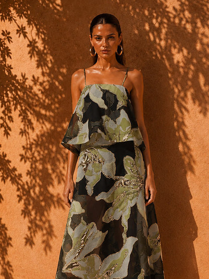 Hannah Printed Mesh Strappy Midi Dress