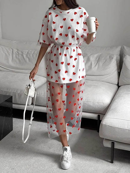 Loose Short Sleeves Heart Print Mesh See-Through Split-Joint Round-Neck Midi Dresses