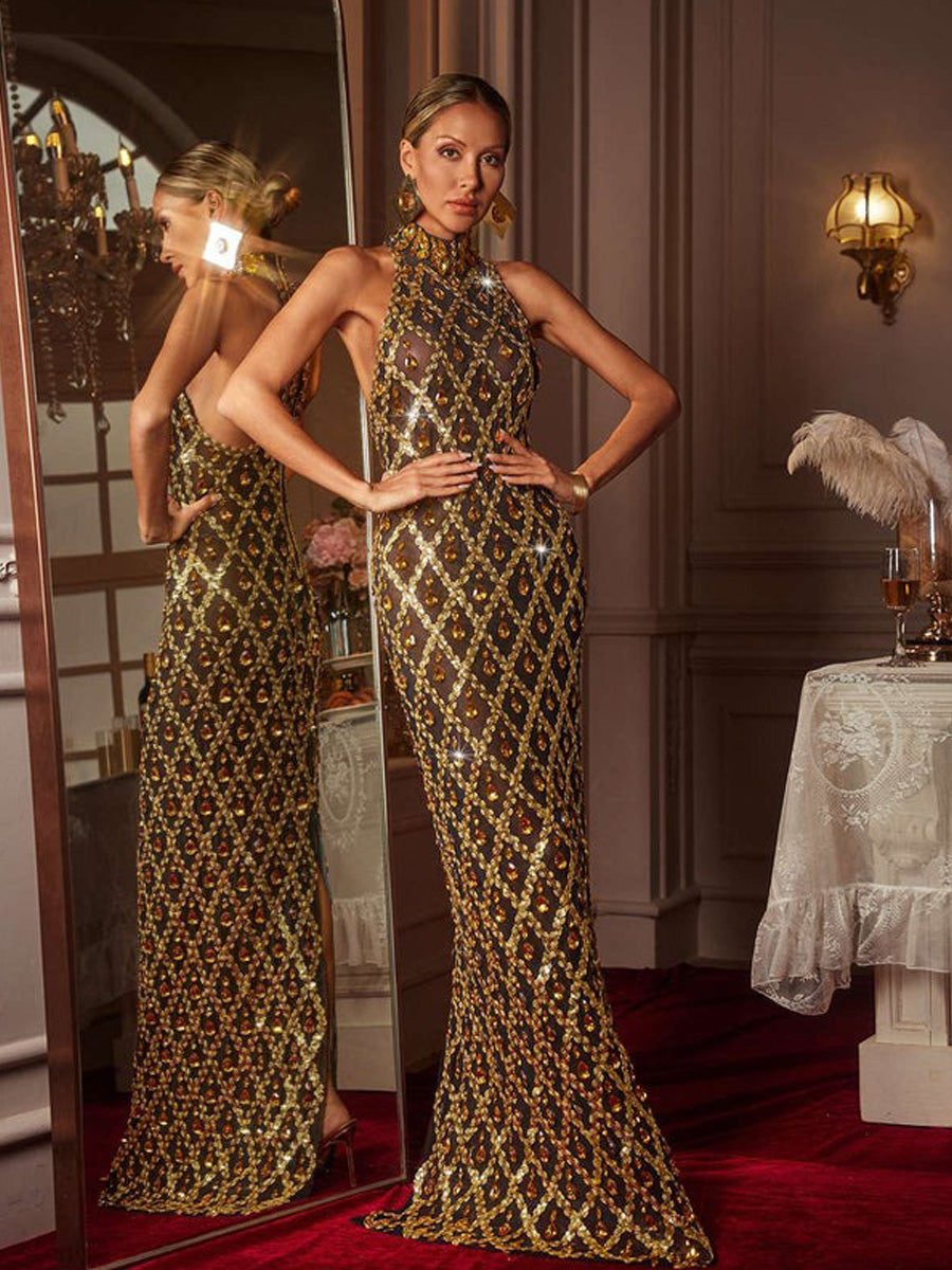 Mariana Sequin Crystal Maxi Dress In Gold
