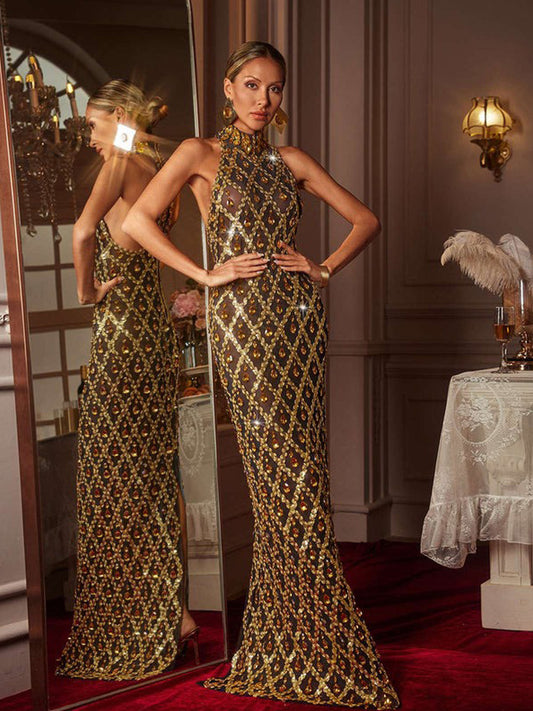 Mariana Sequin Crystal Maxi Dress In Gold