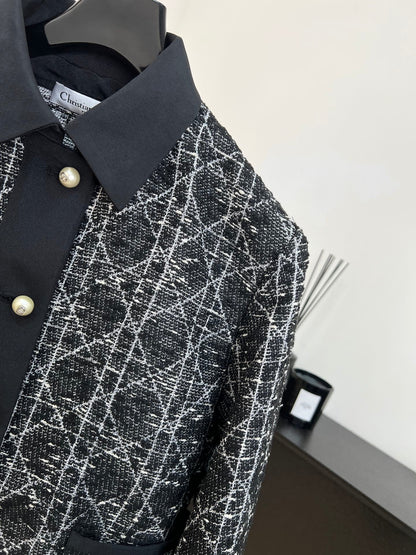 Dior 2025 Cannage Tweed Jacket with Pearl Buttons Black White Cotton