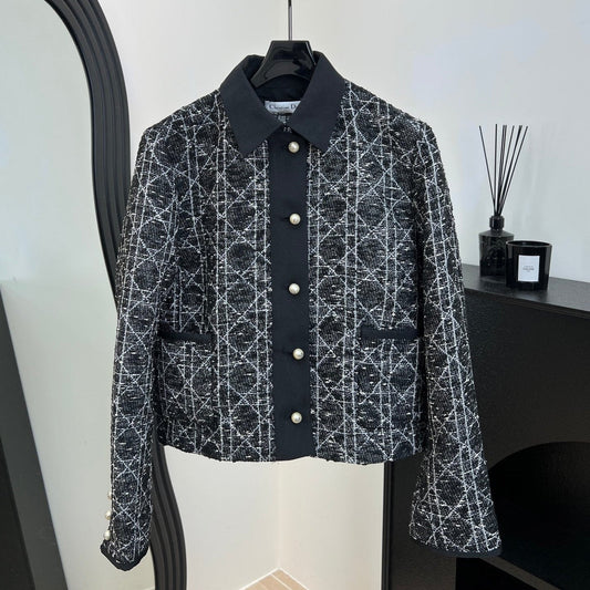 Dior 2025 Cannage Tweed Jacket with Pearl Buttons Black White Cotton