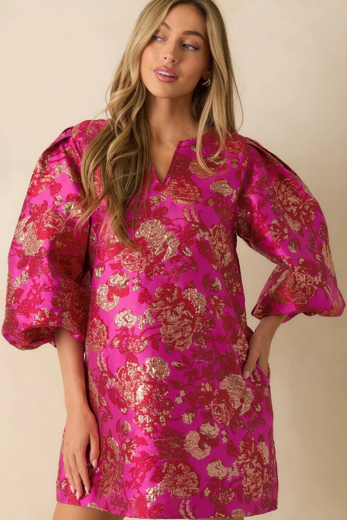 Gilded Garden Hot Pink Floral Jacquard Mini Dress