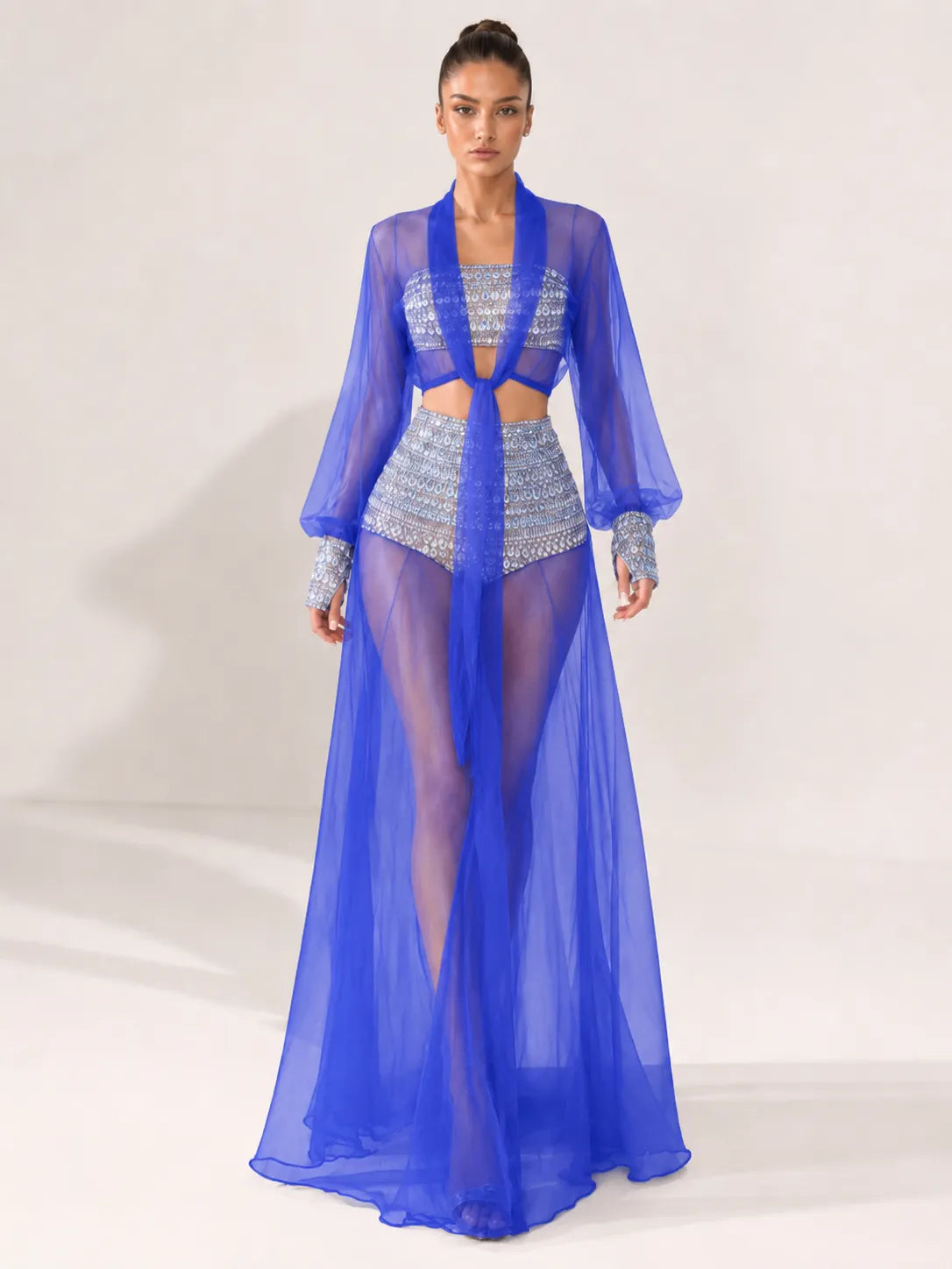 Celestia Rhinestone Sheer Mesh Three-Piece Set