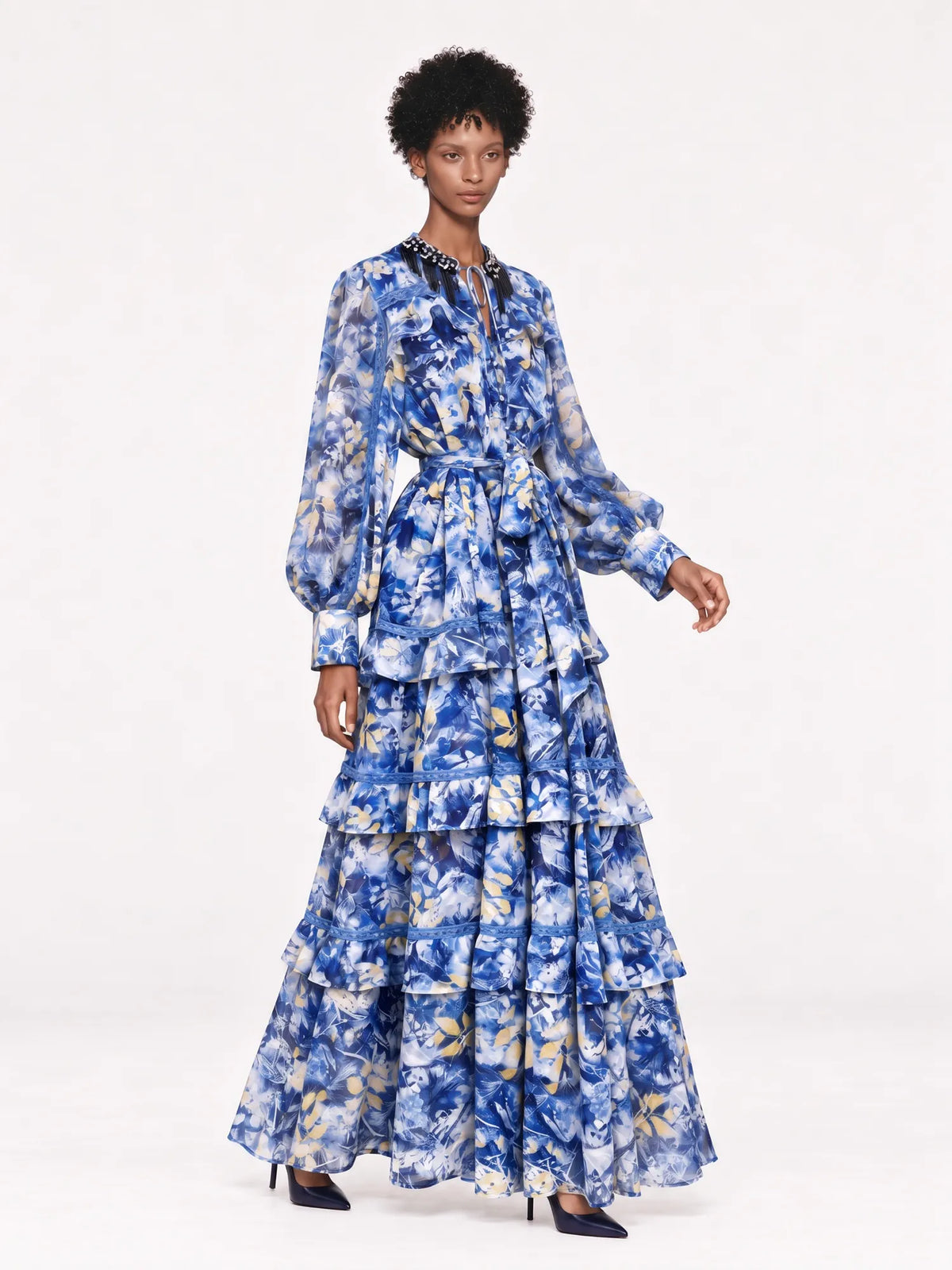 Josephine Elegant Printed Maxi Dress with Ruffle Sleeves