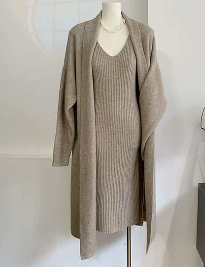 2 Pcs Elegant Fall Long Sleeve Cardigan Tank Dress