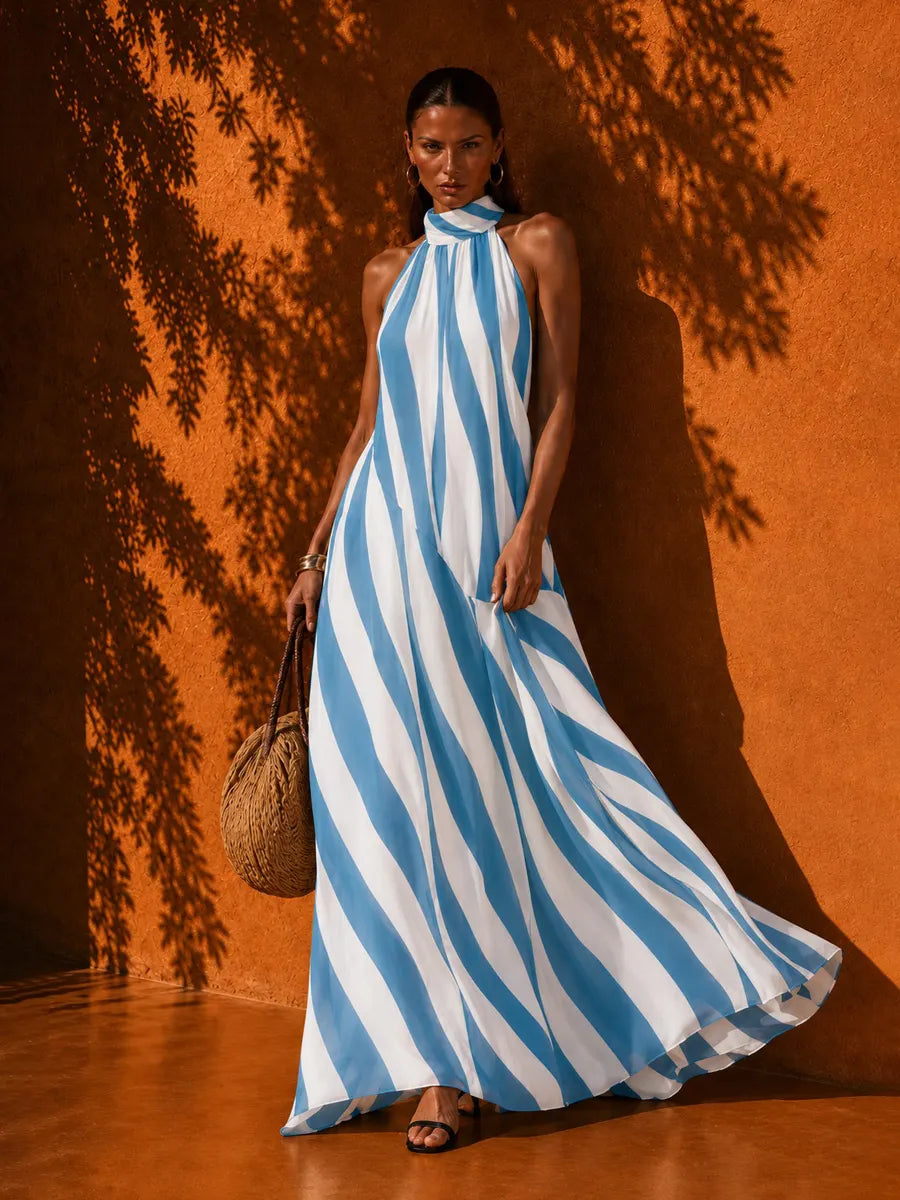 Evelynn Striped Halter-Neck Sleeveless Maxi Dress