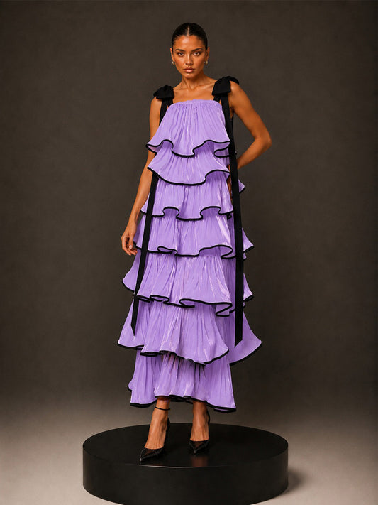 Clara Sleeveless Tiered Midi Dress with Bow Detail In Purple