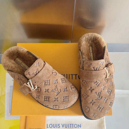 LV 25 Birkenstock Platform Slippers Brown Suede Wool 576215