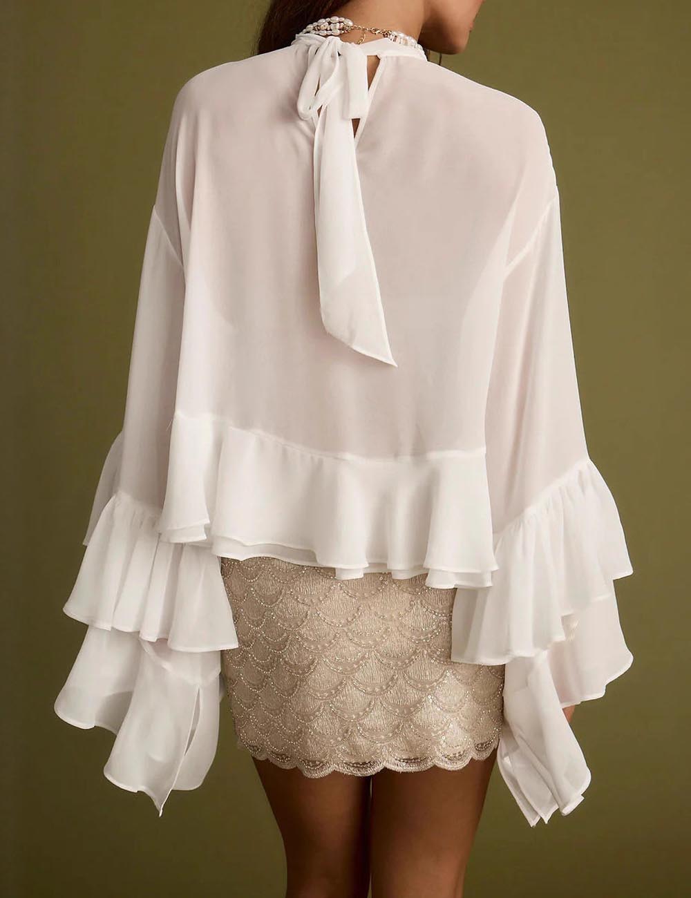 Round Neck Long Sleeve Ruffle Chiffon Shirt