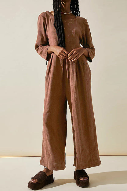 Multicolor loose round neck casual wide leg jumpsuit