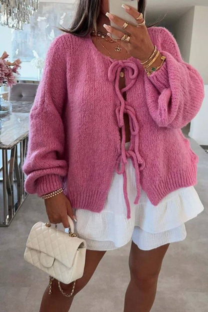 Stylish Solid Color Crew Neck Lace-up Sweater