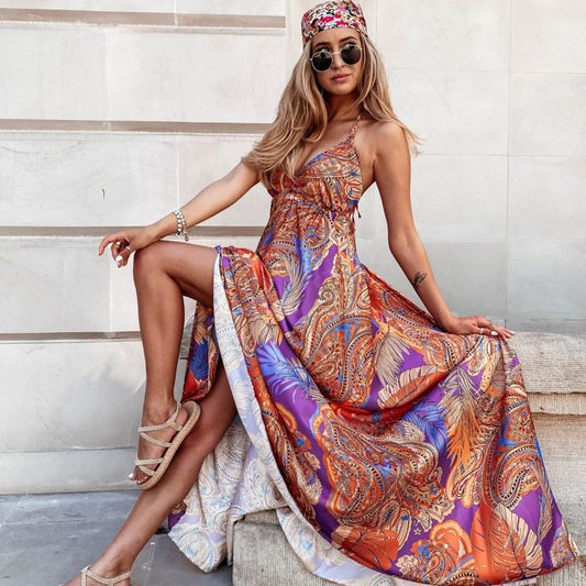 Slim Sexy V-Neck Print Slip Hemp Dress Woman