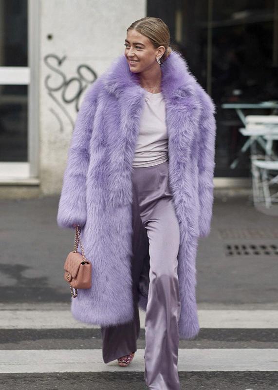 Faux Fur Lapel Coat Violet Longline Style